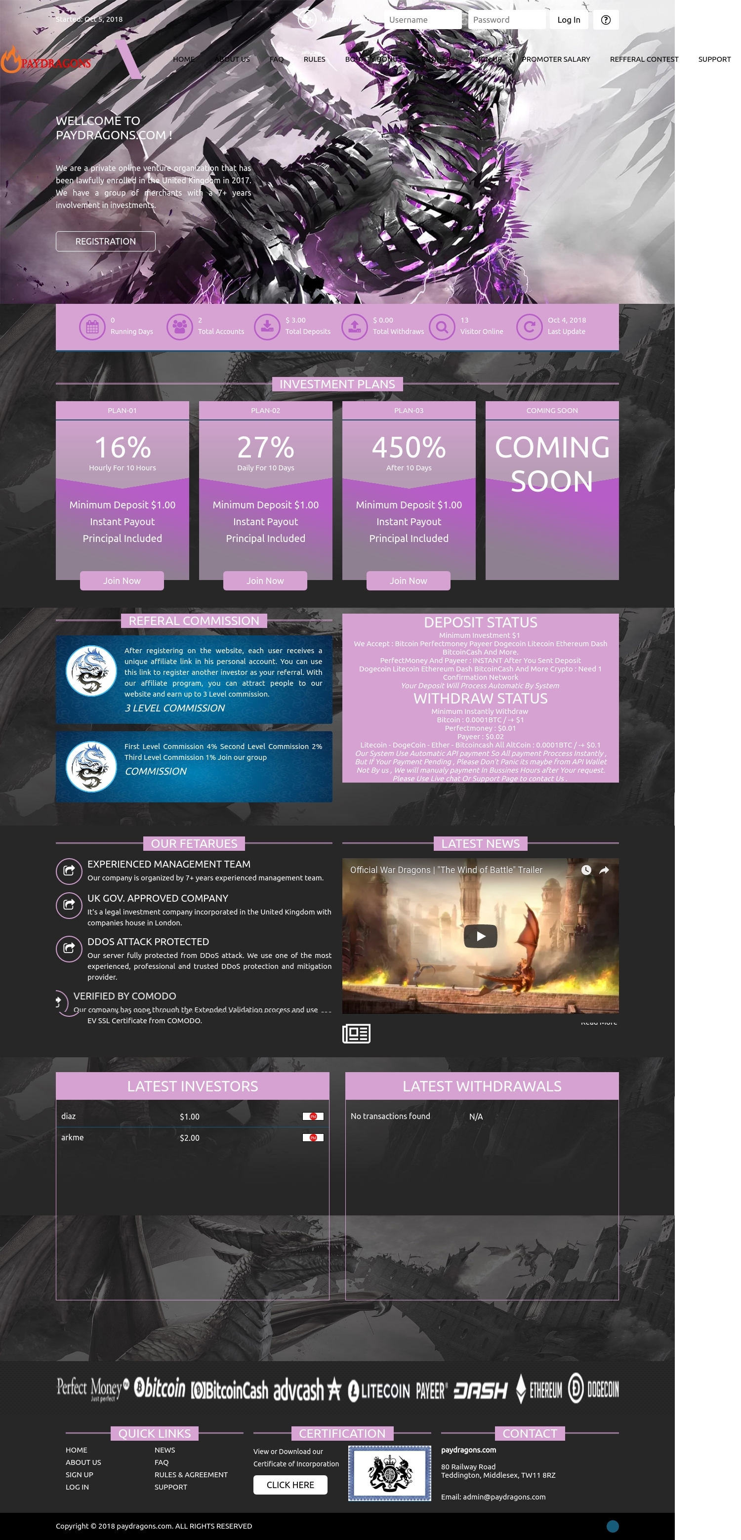 Gaming HYIP project Pay Dragons Investment